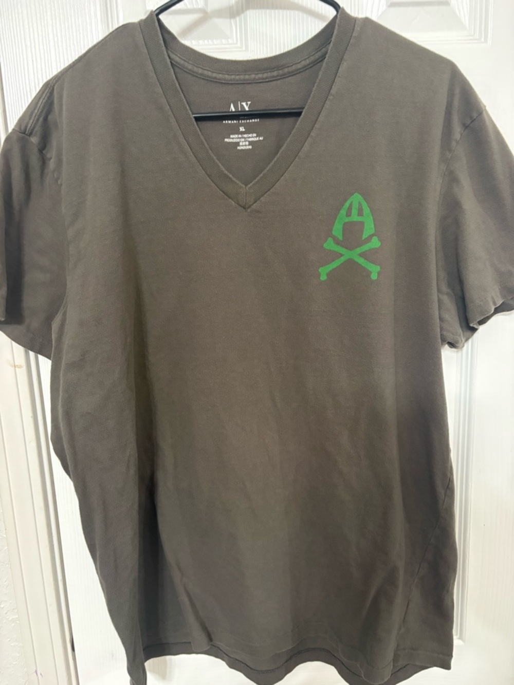 Armani Exchange Olive V-Neck Tee with Green Logo